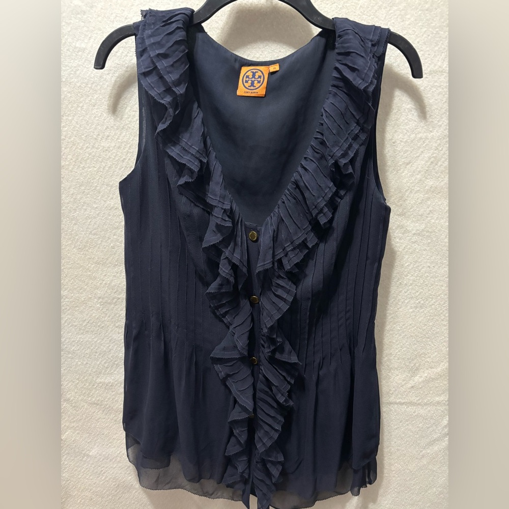 Tory Burch Silk Ruffled Buttoned Navy 14 Coastal Sleeveless Shirt